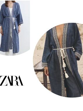 ZARA Indigo Embroidered Denim Kimono with Tassel Belt